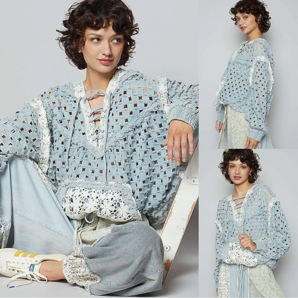 $139 NEW POL Laser Cut Denim Lace Hoodie L
